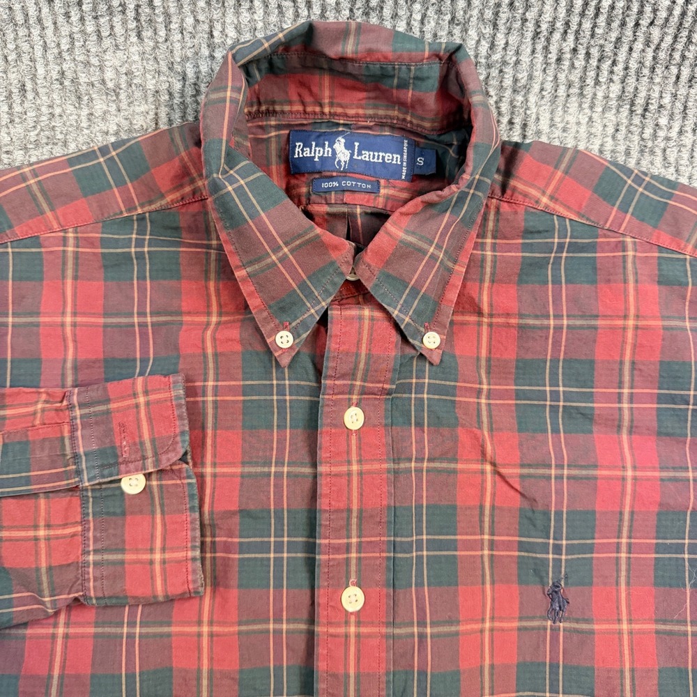 Ralph Lauren Button Down Shirt Men Small Red Plaid Long Sleeve Cotton Polo Pony